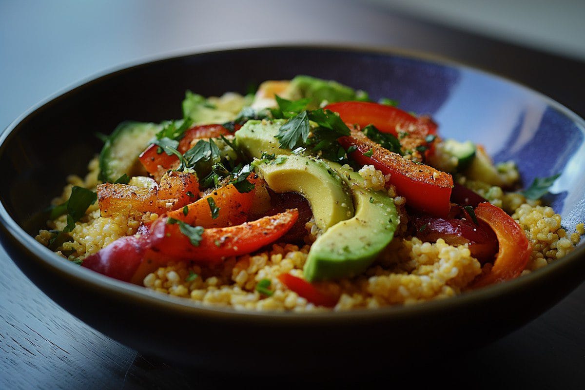 Салат з пшоном, авокадо і печеними овочами